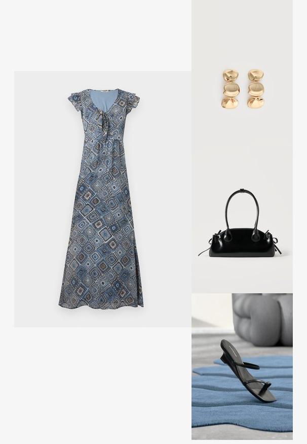 Robe longue avec motif géométrique bleu et marron, manches courtes volantées et encolure froncée avec détail noué.; Sandale noire à brides avec boucle d’orteil exposée sur un tapis texturé bleu, avec un grand objet décoratif gris flouté en arrière-plan.; Petit sac à main noir brillant avec deux longues anses et des détails à cordon sur les côtés sur un fond clair uni.; Boucles d’oreilles pendantes ton or avec trois segments irréguliers, lisses et arrondis empilés verticalement sur un fond clair uni.