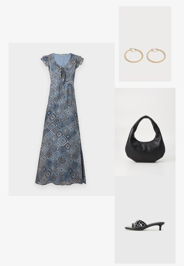 Robe longue avec motif géométrique bleu et marron, manches courtes volantées et encolure froncée avec détail noué.; Sandales à talons noires avec plusieurs brides brillantes et des accents métalliques, présentant un bout pointu et des talons kitten discrets. Texture lisse.; Sac à main tissé noir avec une poignée courbée, présentant une surface texturée et une forme décontractée. Fini lisse avec une silhouette organique.; Paire de boucles d'oreilles créoles en or de taille moyenne avec un design texturé et perlé sur un fond clair uni.