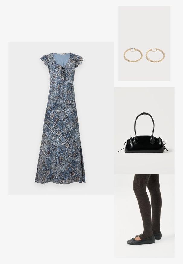 Robe longue avec motif géométrique bleu et marron, manches courtes volantées et encolure froncée avec détail noué.; Jambes portant des leggings côtelés foncés associés à des ballerines noires avec de petits détails en nœud sur fond blanc.; Petit sac à main noir brillant avec deux longues anses et des détails à cordon sur les côtés sur un fond clair uni.; Paire de boucles d'oreilles créoles en or de taille moyenne avec un design texturé et perlé sur un fond clair uni.