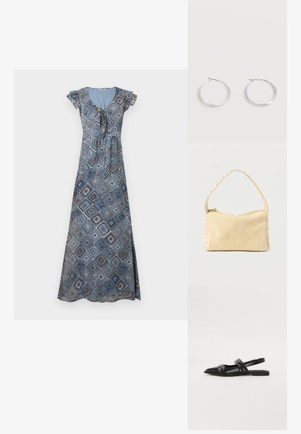 Robe longue avec motif géométrique bleu et marron, manches courtes volantées et encolure froncée avec détail noué.; Even&Odd by Zalando Ballerines à brides arrière - black; Petit sac à main en cuir beige avec une seule bandoulière et des clous argentés le long des bords et de la bandoulière, posé sur un fond uni.; Boucles d’oreilles créoles en métal argenté avec une surface lisse légèrement incurvée et des fermoirs à clapet sur un fond blanc uni.