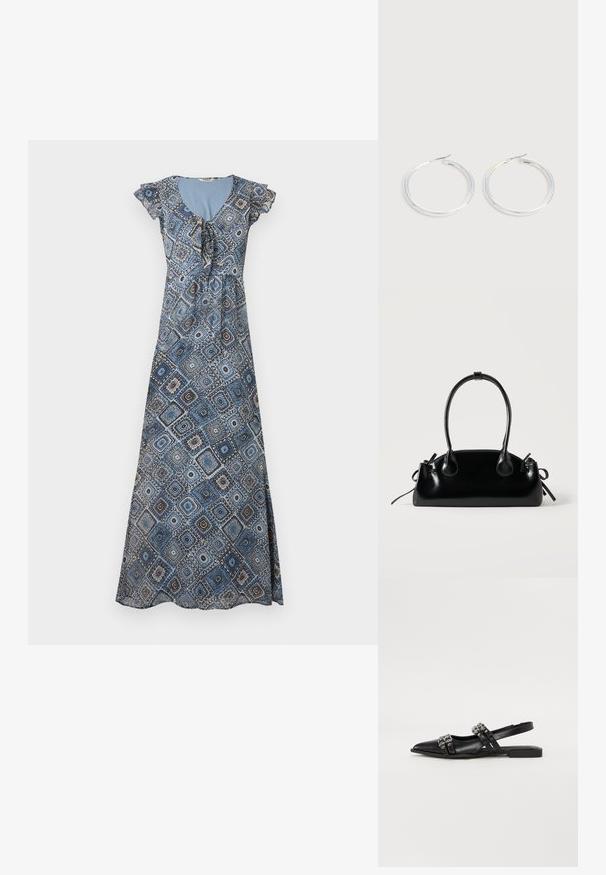 Robe longue avec motif géométrique bleu et marron, manches courtes volantées et encolure froncée avec détail noué.; Even&Odd by Zalando Ballerines à brides arrière - black; Petit sac à main noir brillant avec deux longues anses et des détails à cordon sur les côtés sur un fond clair uni.; Paire de boucles d'oreilles créoles argentées brillantes avec fermoirs en fil fin, présentée sur un fond gris clair.