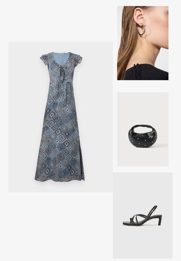 Robe longue avec motif géométrique bleu et marron, manches courtes volantées et encolure froncée avec détail noué.; Sandale noire à lanières avec un bout carré et un petit talon bloc. Elle présente plusieurs fines lanières et une sangle de cheville ajustable. Fabriquée en cuir lisse.; Sac à main en cuir noir de forme arrondie, décoré de clous argentés et équipé d'une poignée courte. Texture lisse et fermeture éclair.; Boucle d'oreille en argent avec une finition polie, présentant de petits détails en or et de forme ronde, portée sur le lobe.