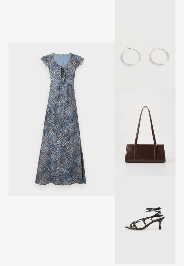 Robe longue avec motif géométrique bleu et marron, manches courtes volantées et encolure froncée avec détail noué.; Sandale à talons hauts en cuir verni noir avec un design à lanières, sangle de cheville ajustable et détails noués. Texture lisse, bout pointu.; Sac à main en cuir verni marron de forme rectangulaire, avec deux longues poignées et des accents courbés subtils à l'avant.; Boucles d’oreilles créoles en métal argenté avec une surface lisse légèrement incurvée et des fermoirs à clapet sur un fond blanc uni.