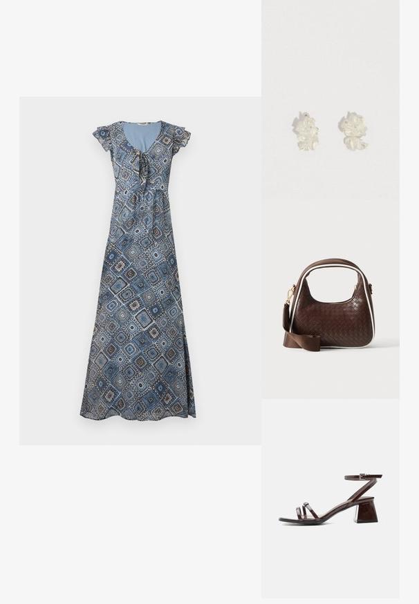 Robe longue avec motif géométrique bleu et marron, manches courtes volantées et encolure froncée avec détail noué.; Sandale en cuir verni marron foncé avec talon bloc, bride à la cheville avec boucle et deux fines lanières sur les orteils sur fond blanc.; Sac à main en cuir tressé marron avec passepoil blanc, fermeture éclair dorée et bandoulière amovible en tissu marron.; Boucles d'oreilles en résine transparente sculptées en formes florales abstraites, avec des surfaces lisses, des courbes délicates et une finition brillante.