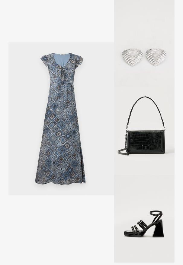 Robe longue avec motif géométrique bleu et marron, manches courtes volantées et encolure froncée avec détail noué.; Sandales à talons en cuir verni noir avec un bout carré, design à multiples brides, bride de cheville réglable et un talon géométrique épais.; Sac bandoulière en cuir noir à texture crocodile, de forme rectangulaire, avec une bandoulière ornée de chaînes et une fermeture à tourniquet à l'avant.; Boucles d'oreilles en argent avec un design ondulé et texturé, en forme de croissants superposés ; la finition polie accentue les qualités réfléchissantes.