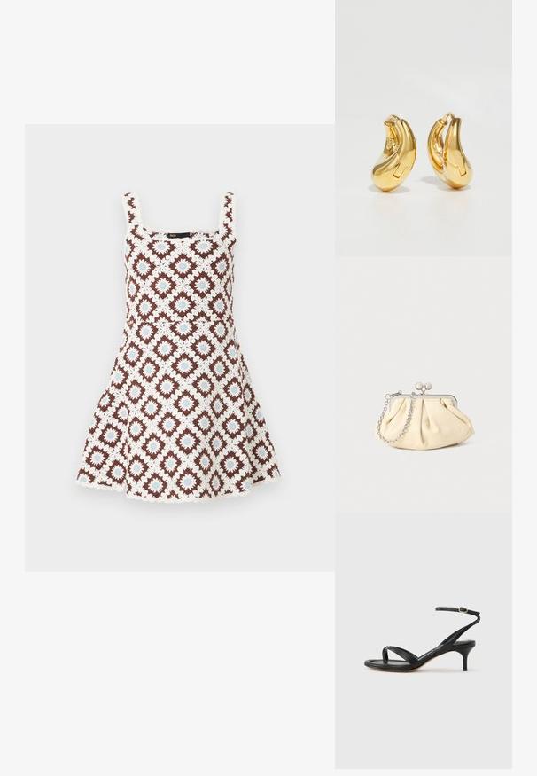 Robe mini sans manches avec encolure carrée, avec un motif géométrique au crochet marron, blanc et bleu clair et une jupe évasée.; Sandale pour femme en cuir noir avec fines lanières, une boucle d'orteil, une boucle à la cheville et un talon aiguille de hauteur moyenne sur un fond neutre.; Pochette en cuir beige plissé avec un cadre en métal argenté, dotée de deux fermoirs ronds décoratifs et d'une chaîne en argent.; Boucles d'oreilles en or en forme de d'anneaux lisses et courbés avec une finition polie. Équipées d'un mécanisme de fermeture et de légères indentations pour le détail.