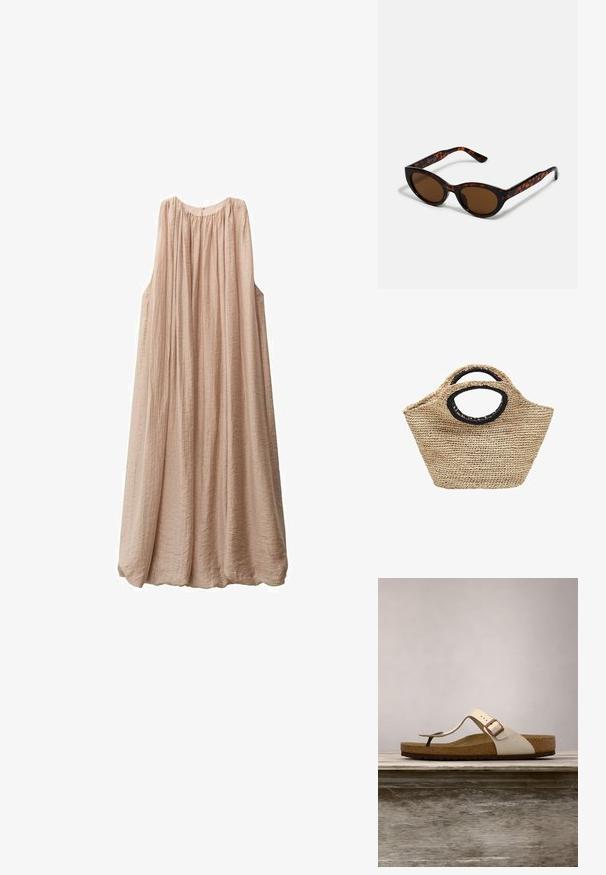 Lichtroze mouwloos jurk van gekreukt materiaal, met een losse pasvorm, geplooide halslijn en een vloeiende silhouet die tot halverwege de kuit reikt.; Bruine kurk zool flip-flop sandaal met een beige suede bovenkant en een enkele verstelbare band met een metalen gesp. Design met platte zool.; Bruine schildpad zonnebril met een vintage cat-eye vorm en bruine lenzen. Heeft gebogen armen met rode accenten.; Geweven strohandtas met afgeronde, zwart afgewerkte handvatten en een brede, licht trapeziumvormige vorm op een witte achtergrond.
