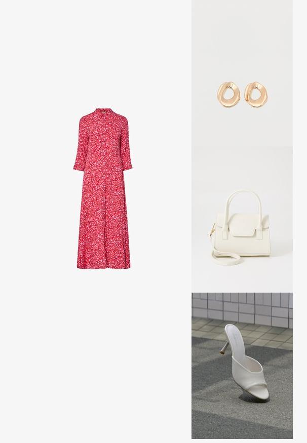 Rotes, blumiges Midikleid mit einer durchgehenden Knopfleiste, dreiviertel Ärmel und einer lockeren Passform. Verfügt über kleine, mehrfarbige Blumenmuster.; Weißer High-Heel-Pantolette mit offenem Zehenbereich schwebt über grauem Asphalt und vor einem Hintergrund aus gefliesten Wänden.; Kleine weiße Handtasche mit doppelten Griffen, Frontklappe und abnehmbarem Schulterriemen mit goldener Schnalle vor weißem Hintergrund.; Paar unregelmäßig geformter, polierter Creolen aus goldfarbenem Metall mit offenem Zentrum auf weißem Hintergrund.