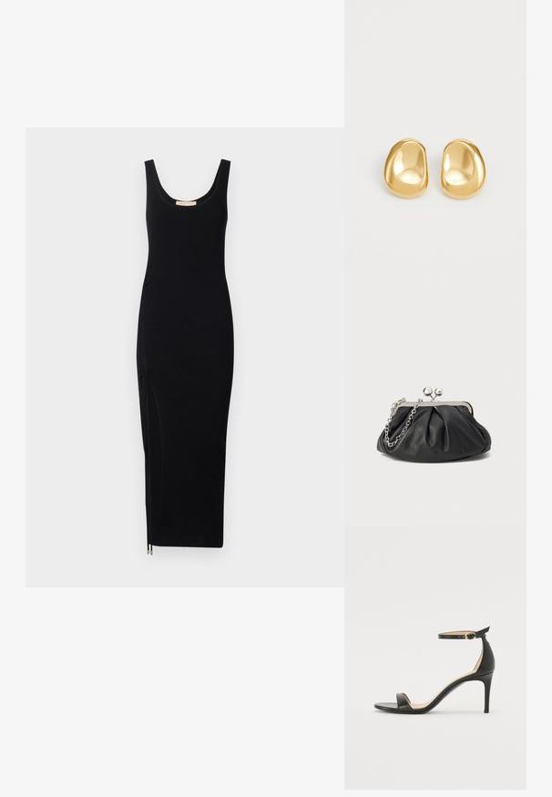 Vestido de tirantes negro con cuello redondo y detalle de cremallera lateral; silueta ajustada, hasta la rodilla, hecho de tejido elástico.; Sándalo de tacón alto de piel negra con tiras en el tobillo. Presenta una textura suave, puntera abierta y un tacón delgado. Detalles de hebilla en tono dorado.; Clutch de cuero negro con textura arrugada, marco de metal en tono plateado, cierre de beso y cadena para colgar. Superficie suave y lisa.; Pendientes de studs en color dorado con una forma suave y redondeada y una superficie reflectante, que exhiben un diseño minimalista y sin patrones visibles.