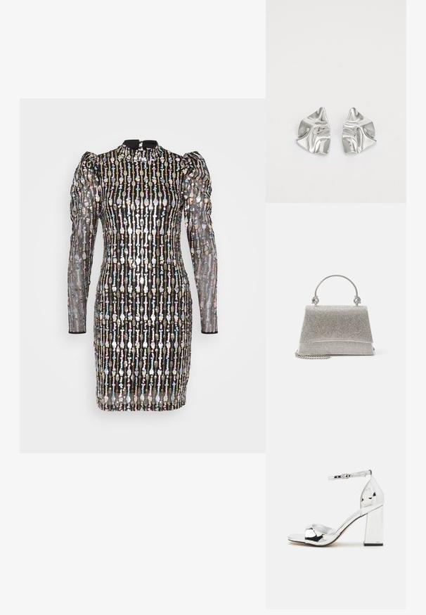 YAS Petite YASBINNA DRESS SHOW - Juhlamekko - black; Hopeasävyiset korkeat sandaalit, joissa on paksu korko, avoin kärki ja nilkkahihna. Varustettu kiiltävällä lakapinnalla ja pehmustetulla pohjalla.; ALDO FELISIA - Käsilaukku - silver-coloured; Hopeakauppaketju, jossa on aaltoileva, veistoksellinen muotoilu ja kiiltävä pinta, esittelee epäsäännöllisiä muotoja, korostaen nykyaikaista estetiikkaa.