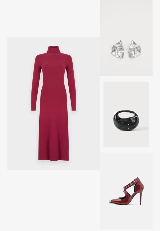 Robe longue à manches longues en tricot côtelé bordeaux avec col montant, silhouette cintrée et ourlet droit. Texture lisse sur toute la surface.; Escarpin en cuir verni rouge avec un design découpé, des œillets circulaires en argent et un bout pointu, présentant un accent métallique au niveau du bout.; Sac à main en cuir noir de forme arrondie, décoré de clous argentés et équipé d'une poignée courte. Texture lisse et fermeture éclair.; Boucles d'oreilles en métal argenté avec un design ondulé et sculptural, présentant une finition polie et des formes irrégulières, mettant en valeur une esthétique contemporaine.