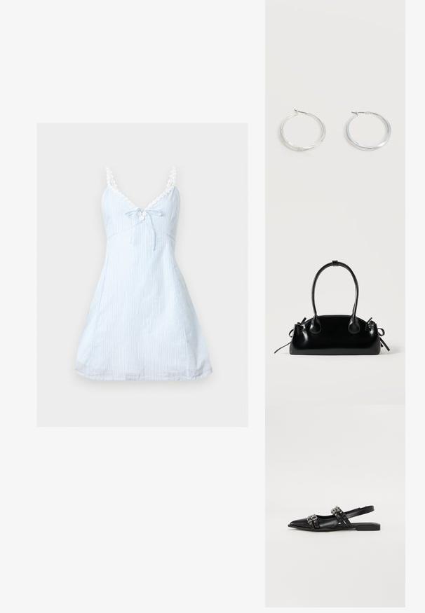 Robe sans manches bleu clair avec fines rayures blanches verticales, bretelles ornées de dentelle, petit nœud à l'avant et décolleté en V.; Even&Odd by Zalando Ballerines à brides arrière - black; Petit sac à main noir brillant avec deux longues anses et des détails à cordon sur les côtés sur un fond clair uni.; Boucles d’oreilles créoles en métal argenté avec une surface lisse légèrement incurvée et des fermoirs à clapet sur un fond blanc uni.
