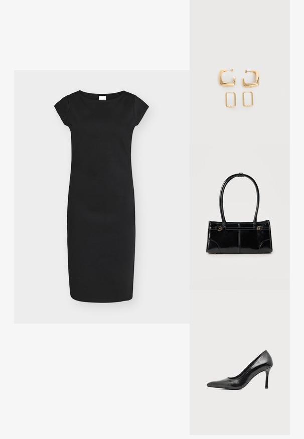 Robe noire cintrée longueur genou avec manches courtes et col rond, présentée sur un fond uni gris clair.; Chaussure à talon haut pour femme en cuir verni noir avec bout pointu et talon fin sur fond clair uni.; Sac à main rectangulaire noir brillant avec deux fines bretelles et petits détails de boucles dorées à l'avant.; Deux paires de Boucles d'oreilles créoles géométriques dorées sur une surface blanche unie, une paire carrée et pleine, une paire rectangulaire et creuse.