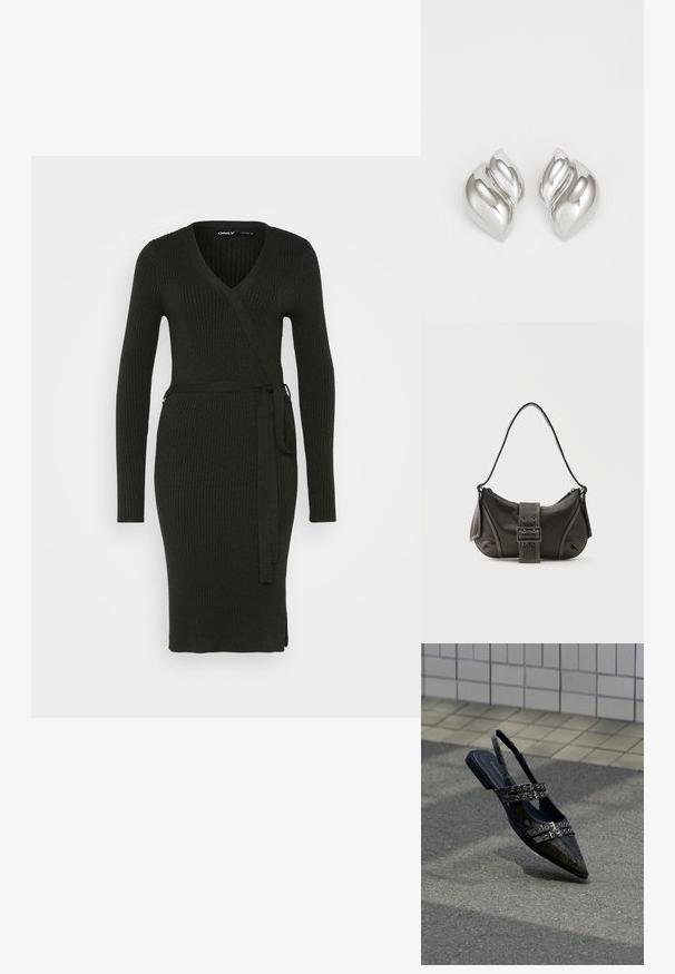 Vestido de punto de canalé verde oscuro con mangas largas, escote en V y cinturón en la cintura. Presenta una silueta ajustada y una abertura lateral para facilitar el movimiento.; Zapatos slingback de punta afilada en cuero sintético negro con textura de serpiente, con correas de doble hebilla y tacón plano, que presentan una textura suave y un diseño moderno.; Bolso de hombro de cuero negro con detalle de correa con hebilla, bordes curvos y costuras blancas en contraste sobre un fondo liso.; Pendientes de plata con una forma orgánica y abstracta. Superficie lisa y brillante con un diseño cónico. Presentan suaves curvas y un detalle de línea central.