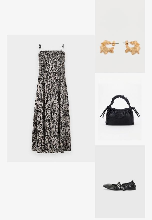 Schwarzes und beiges gemustertes Sommerkleid mit einem geschmückten Oberteil und verstellbaren Spaghettiträgern. Es hat einen luftigen Rock und florale Motive.; Schwarze Leder-Ballerinas mit spitzem Zehenbereich, gerafften Details am Schaft und einem silbernen Schnallenakzent am verstellbaren Riemen.; Schwarze Handtasche mit Krokodilstruktur, gerafftem oberen Rand, zusammengezogenem Griff und Zugkordeln mit Quasten an jeder Seite vor weißem Hintergrund.; Ohrstecker in Goldoptik mit abstrakter, organischer Form, die eine strukturierte Oberfläche und einen Steckverschluss aufweisen.