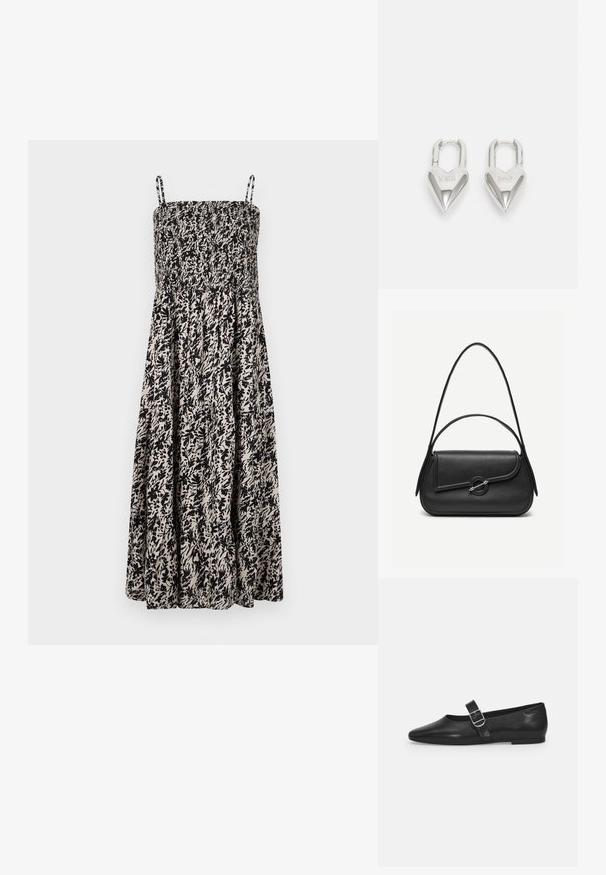 Mustapohjainen ja beige kesämekko, jossa on smokkibodice ja säädettävät spagettihihnat. Mekko on leikattu viistosti ja siinä on kukkakuosisia koristeita.; Mustat nahkakengät, joissa on pyöreä kärki, yksi säädettävä solkiremmija sileä, kiiltävä pinta. Minimalistinen muotoilu ja matala korko.; Musta nahkainen käsilaukku pyöristetyillä reunoilla, epäsymmetrisellä läppäosalla, metallisella pyöreällä lukolla sekä lyhyillä ja pitkillä olkahihnoilla.; Hopeakuvioiset sydämen muotoiset rakkaussulkeet, joissa on kaiverrettu "KYLLÄ" ja "EI" -tekstit, kiiltävä pinta, symmetrinen muotoilu ja kestävä metalliovi.