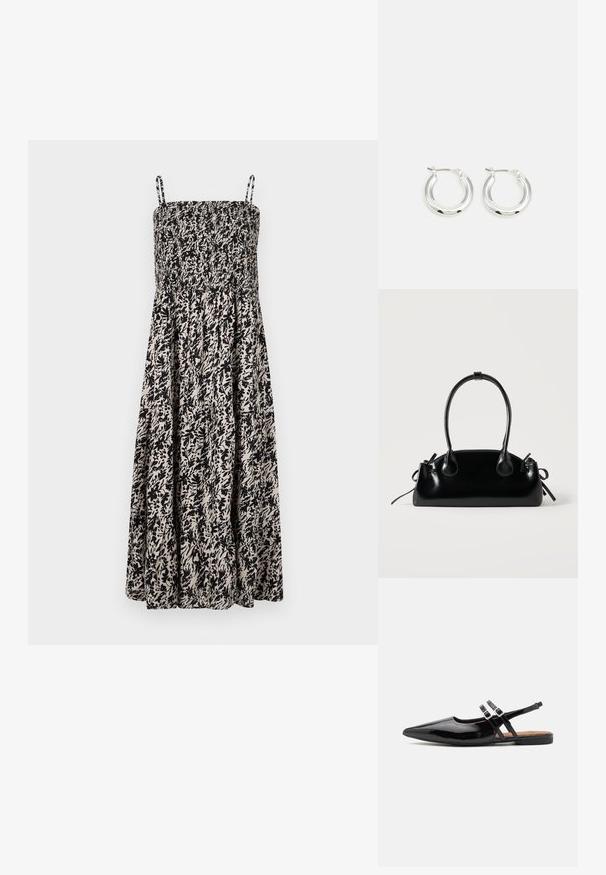 Must kardinaal musta ja beeži mustriga suvekleit, millel on smock-bodice ja reguleeritavad söögiriide õlapaelad, ning voolav seelikuosa koos lillemotiividega.; Mustad lakknahast slingback kingad on terava ninaga, kahe rihmaga, millel on klambriga aktsendid, ning lame tald.; Väike must läikiv käekott kahe pika sangaga ja külgedel paelakinnitustega, ühel lihtsal helel taustal.; Hõbedased rõngaskõrvarõngad poleeritud viimistlusega, ringikujulise kujuga ja hingedega kinnitusega. Sile tekstuur minimaalsete detailidega.