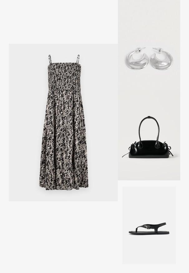 Sorte og beige mønstrede sommerkjole med smocked bodice og justerbare spaghettistropper, har en svævende nederdel og blomster motiv.; Sort flad sandal med ankelrem, tæsepind og sølvspænde på glat sål, vist fra siden på hvid baggrund.; Lille sort blank håndtaske med to lange håndtag og snøre-detaljer i siden på en ensfarvet lys baggrund.; Et par polerede sølv halvmåneformede hoop øreringe med klare plastikbagsider på en hvid overflade.