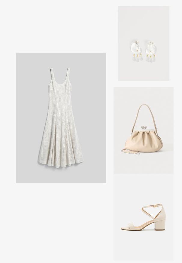 Robe blanche en tricot sans manches avec encolure dégagée et jupe évasée texturée, étalée à plat sur fond gris.; Sandales à talon bloc beiges présentant un design minimaliste, bout ouvert et une sangle de cheville ajustable avec une boucle dorée. Texture lisse.; Sac à main en cuir souple beige avec un fermoir en métal argenté, une bandoulière simple et une bandoulière chaîne optionnelle sur fond blanc.; Boucles d'oreilles en résine transparente en forme de coquillage avec de petits accents dorés et trois breloques translucides en forme de goutte pendantes sur chaque boucle d'oreille.