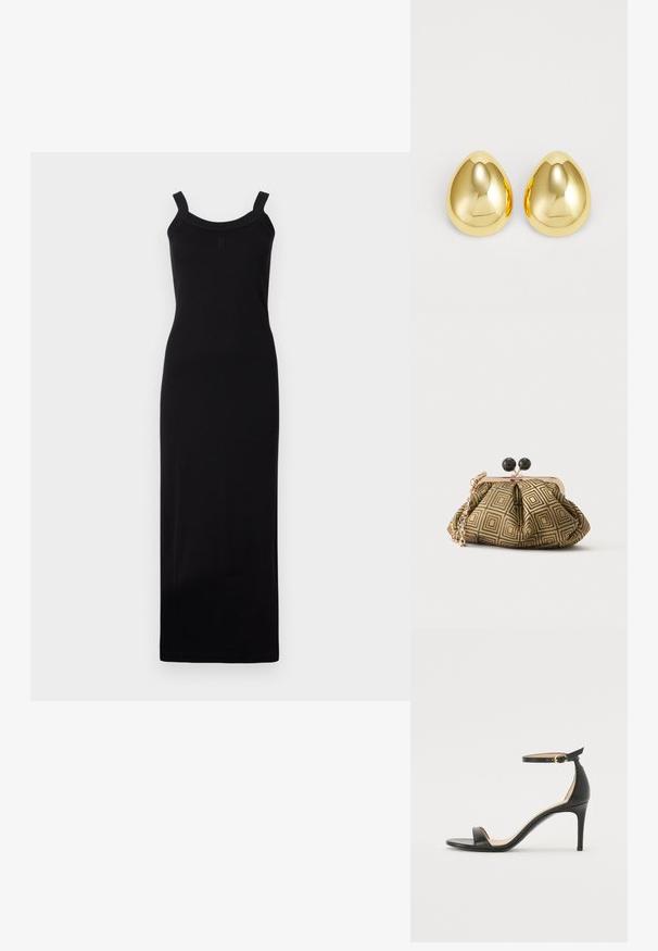 Schwarzes, ärmelloses Maxikleid mit taillierter Silhouette, U-Boot-Ausschnitt und strukturierten Schulterträgern. Hergestellt aus leichtem Stoff.; Schwarze Leder-high-heeled Sandale mit Knöchelriemen. Verfügt über eine glatte Textur, offene Zehen und einen dünnen Absatz. Goldfarbener Schnallenakzent.; Kleine Clutch mit goldenem und schwarzem geometrischem Muster, goldfarbenem Metallrahmen, schwarzem Kugelverschluss und kurzem goldfarbenem Kettenriemen.; Goldfarbene Steckerohrringe mit einer glatten, polierten Oberfläche und einer tropfenförmigen Form, die das Licht reflektieren und für ein glänzendes Finish sorgen.
