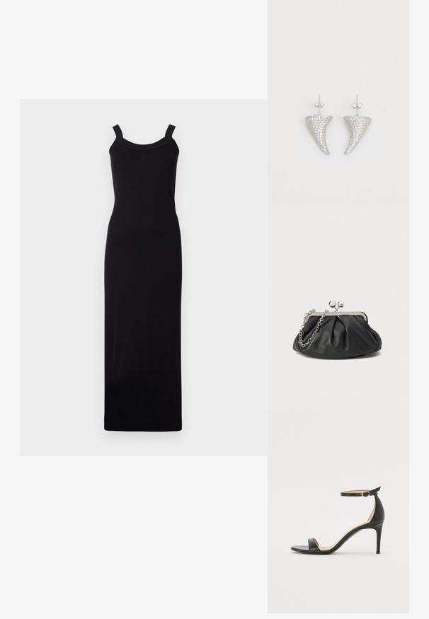 Schwarzes, ärmelloses Maxikleid mit taillierter Silhouette, U-Boot-Ausschnitt und strukturierten Schulterträgern. Hergestellt aus leichtem Stoff.; Schwarze Leder-high-heeled Sandale mit Knöchelriemen. Verfügt über eine glatte Textur, offene Zehen und einen dünnen Absatz. Goldfarbener Schnallenakzent.; Schwarze Leder-Clutch mit geraffter Textur, silberfarbener Metallrahmen, Druckverschluss und Kettenriemen. Glatte, weiche Oberfläche.; Silberne, hornförmige Ohrringe, besetzt mit kleinen klaren Steinen, mit einem Steckverschluss zur Befestigung. Glatte Textur und metallisches Finish.