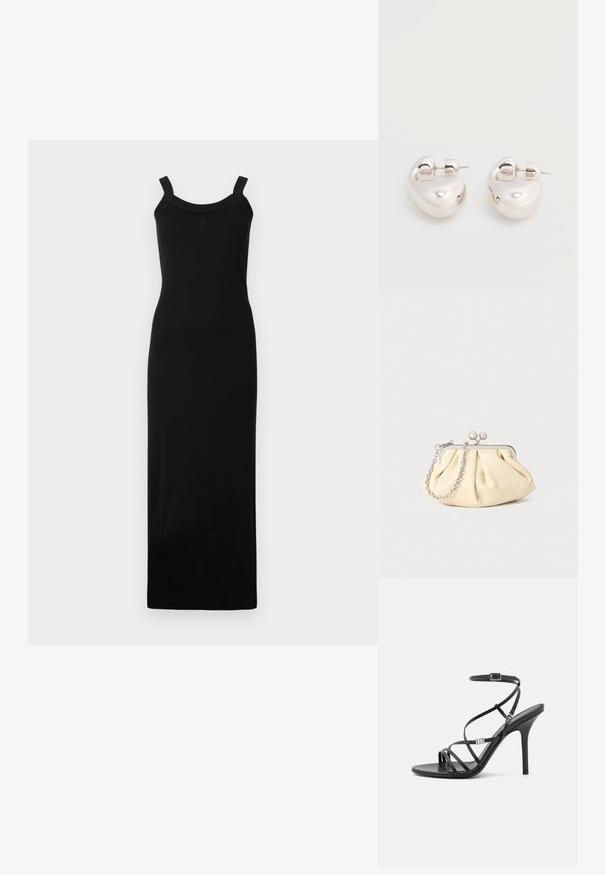 Robe maxi noire sans manches avec une silhouette ajustée, un décolleté en forme de cœur et des bretelles texturisées. Fabriquée en tissu léger.; Sandale noire à talons hauts avec des brides fines, une boucle à la cheville, une surface en cuir lisse et un talon aiguille élancé.; Pochette en cuir beige plissé avec un cadre en métal argenté, dotée de deux fermoirs ronds décoratifs et d'une chaîne en argent.; Paire de boucles d'oreilles argentées brillantes et épaisses avec fermoirs à tige, sur fond blanc uni.