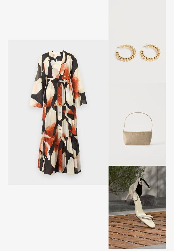 Vestido de manga larga con botones, escote en V, cinturón en la cintura y gran estampado floral abstracto en colores negro, crema y óxido.; Sandalia de tacón alto beige con correa en el tobillo, sobre listones de madera al aire libre, con fondo desenfocado de vegetación y concreto.; Bolso tejido beige con correa delgada para el hombro y pequeño logo dorado "BOSS" en el frente, presentado sobre un fondo blanco liso.; Par de pendientes de aro en tono dorado con detalles de cuentas redondeadas a lo largo del borde exterior sobre un fondo claro.