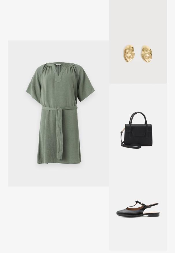 Korte ærmer, knælang kjole i blødt grønt stof med V-hals, samlede skuldre og et aftageligt taljebånd for justerbar pasform.; Sort læder flad slingback-sko med T-rem og guldlås på neutral baggrund.; Sort struktureret håndtaske lavet af læder med et topgreb, aftagelig skulderrem og detalje med frontklap. Guldhardware accenter.; Par skinnende, ujævnt formede øreringe af guldmetal med en krøllet, glat overflade på en ensartet lys baggrund.