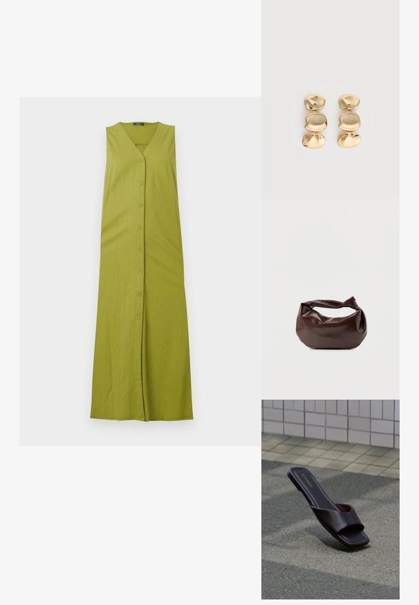 Groene mouwloze maxi-jurk met V-hals, voorzien van een knoopsluiting aan de voorkant en verticale ribbels. Gemaakt van een zachte, lichtgewicht stof.; Donkerbruine open-toe slidesandaal met vierkante neus en brede band, rustend op grijs asfalt nabij betegeld voetpad.; Donkerbruine leren schoudertas met een zachte, slungelige vorm en een gedraaide knoopvormige handgreep op een effen witte achtergrond.; Oorbellen in goudkleur met drie onregelmatige, gladde, afgeronde segmenten die verticaal opgestapeld zijn op een egale lichte achtergrond.