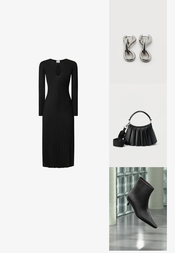 Vestido negro de punto acanalado con mangas largas, que presenta un corte en forma de ojo de cerradura en el escote. Silueta recta, hasta la rodilla, tejido texturizado.; Bota de cuero negro para el tobillo con puntera puntiaguda y tacón pequeño, exhibida frente a una pared de bloques de vidrio y un suelo pulido.; Bolso negro de cuero plisado con asa corta y correa de hombro ancha de tela desmontable sobre fondo blanco.; Par de pendientes de metal con acabado plateado y diseño abstracto de bucles entrelazados sobre un fondo blanco.