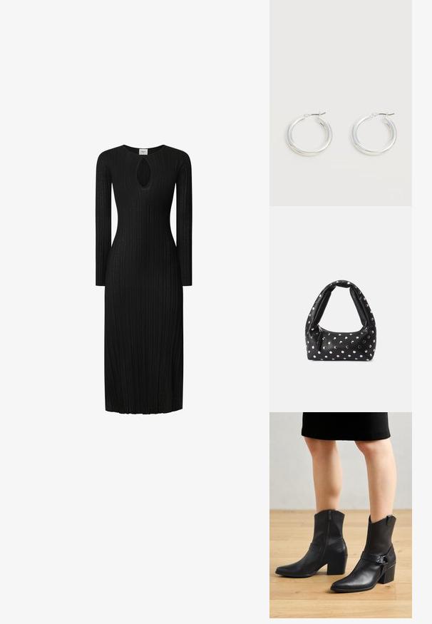 Vestido negro de punto acanalado con mangas largas, que presenta un corte en forma de ojo de cerradura en el escote. Silueta recta, hasta la rodilla, tejido texturizado.; Botines de cuero negro con punta afilada, cierre de cremallera, tacón curvado y una correa decorativa con detalles metálicos.; Bolso de cuero negro con un asa curva, adornado con puntos plateados y un cierre de cremallera en un lado.; Par de pendientes de aro plateados brillantes de tamaño mediano con cierres metálicos finos sobre un fondo neutro claro.
