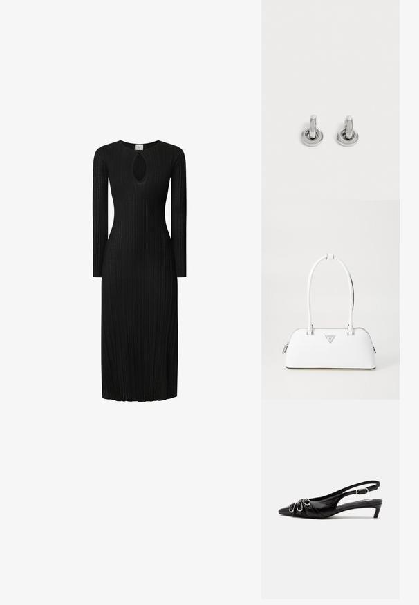 Schwarzes, geripptes Strickkleid mit langen Ärmeln, das einen Schlüsselaugen-Ausschnitt am Ausschnitt hat. Gerades Silhouette, knielang, strukturiertes Material.; Schwarzer Lederslingback mit spitzer Spitze, drei silbernen Schnallen vorne und niedrigem Kittenabsatz auf weißem Hintergrund.; Weiße Lederhandtasche mit geschwungener Form, versehen mit einem silbernen dreieckigen Logo und einem Reißverschluss. Glatte Textur und zwei Griffe.; Paar kleine, glänzende silberne Creolen mit rundem Sockel, auf einfachem hellem Hintergrund präsentiert.