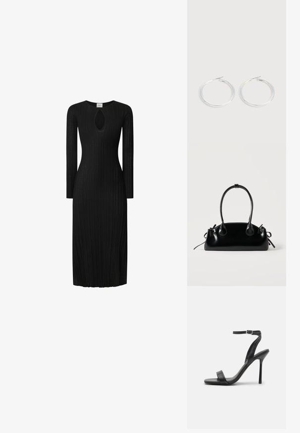 Vestido negro de punto acanalado con mangas largas, que presenta un corte en forma de ojo de cerradura en el escote. Silueta recta, hasta la rodilla, tejido texturizado.; Sandalia negra de tacón alto con una correa delgada en el tobillo y dos bandas en la parte frontal. Hecha de cuero suave con una punta afilada y tacón de aguja.; Pequeño bolso negro brillante con dos asas largas y detalles de cordón lateral sobre un fondo claro liso.; Pareja de pendientes de aro plateados brillantes con cierres de alambre delgado, mostrados sobre un fondo gris claro.