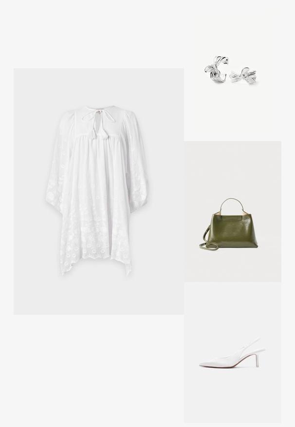 MILLE DAISY DRESS - Robe de jour - white; Chaussure pour femme en cuir blanc avec bride arrière, bout pointu, petit talon kitten bas et petit nœud décoratif sur le dessus, vue de profil latéral.; Sac à main en cuir vert olive avec un design structuré, doté d'une poignée supérieure et d'une bandoulière amovible. Texture lisse et brillante.; Boucles d'oreilles en argent en forme de nœud torsadé avec une finition lisse et polie, l'une vue de profil et l'autre de face sur un fond blanc.