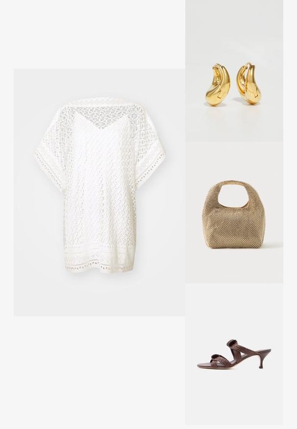 Top blanco, holgado, hecho de una tela parecida al encaje con patrones geométricos, mangas cortas y un dobladillo decorativo con acentos recortados.; Sandalia deslizable de cuero trenzado marrón con dos correas y un tacón bajo tipo gatito sobre un fondo blanco liso.; Bolso pequeño de tono dorado cubierto de tachuelas redondas brillantes con un asa corta y un recorte rectangular en la parte superior.; Pendientes de aro de oro con forma curva y suave, y acabado pulido. Presentan un mecanismo de cierre y ligeras indentaciones para un toque de detalle.