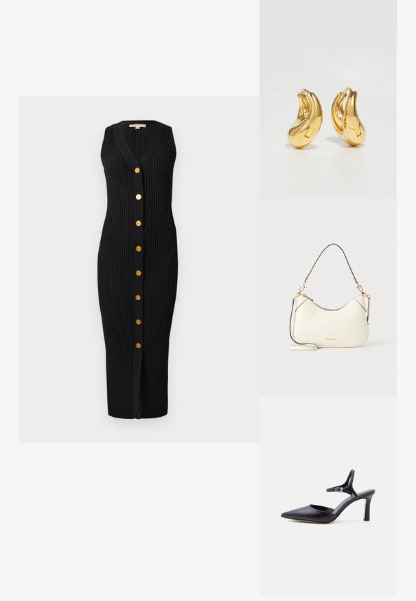 Robe en tricot côtelé noir avec un décolleté en V, sans manches et boutons dorés sur le devant, présentant une silhouette ajustée.; Escarpin noir à bout pointu avec fine bride à la cheville et boucle argentée, finition en cuir lisse, chaussure élégante pour femme.; Sac bandoulière en cuir blanc avec des éléments dorés, des finitions noires et une bandoulière amovible. Logo Michael Kors doré en bas au centre.; Boucles d'oreilles en or en forme de d'anneaux lisses et courbés avec une finition polie. Équipées d'un mécanisme de fermeture et de légères indentations pour le détail.
