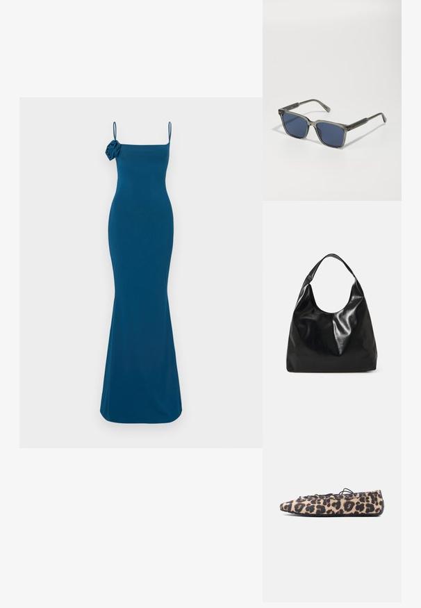 Vestido sin mangas en color verde azulado con una silueta ajustada, que cuenta con un acento de rosa en un hombro y un dobladillo acampanado, hecho de un tejido suave.; Zapato plano con estampado de leopardo, cordones negros pasados por ojales de metal y suela de goma flexible sobre un fondo blanco.; Gafas de sol rectangulares grises con lentes de color azul oscuro. La montura presenta un diseño translúcido y acentos texturizados en las patillas.; Bolso hobo de cuero negro con una textura suave y brillante y un diseño de parte superior redondeada y abierta. Cuenta con una amplia correa curvada para llevar. Sin hardware visible.