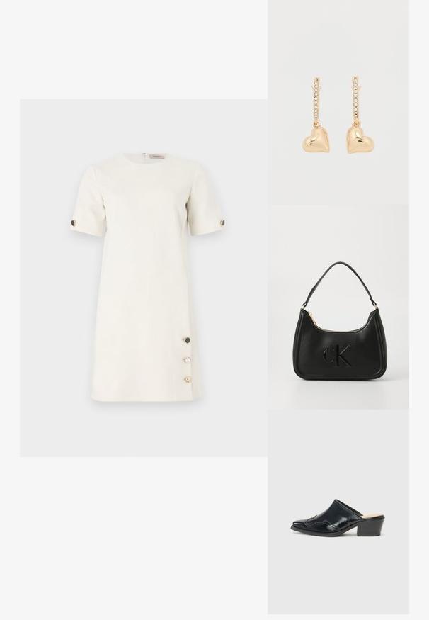 Kurzärmliges, cremefarbenes Kleid aus glattem Stoff mit dekorativen Knöpfen in Schwarz, Gold und Perle am Saum. Schlichte, gerade Schnittführung.; Schwarze Lackleder-Mules mit einer spitzen Zehenpartie, einem geschwungenen Design und einem niedrigen Blockabsatz, der dekorative Nähte entlang des Obermaterials aufweist.; Schwarze Lederhandtasche mit geschwungener Form, ausgestattet mit einem goldenen Reißverschluss und einem dezent geprägten "cK"-Logo. Glatte Textur und ein einzelner Griff.; Goldene Ohrringe mit herzförmigen Anhängern, verziert mit einer Reihe kleiner Strasssteine am Bügel. Reflektierende, glatte Oberfläche.