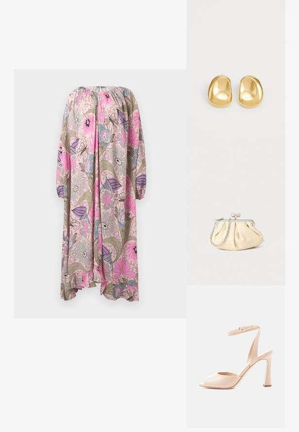 Vestido suelto de manga larga con escote elástico, con un estampado floral en rosa, morado, azul y verde sobre un fondo claro.; Sandalia de tacón alto de charol beige con punta abierta, tira delgada en el tobillo, hebilla dorada y tacón bloque curvado sobre fondo blanco.; Clutch de cuero beige plisado con un marco de metal plateado, que cuenta con dos broches decorativos redondos y una correa de cadena plateada.; Pendientes de studs en color dorado con una forma suave y redondeada y una superficie reflectante, que exhiben un diseño minimalista y sin patrones visibles.