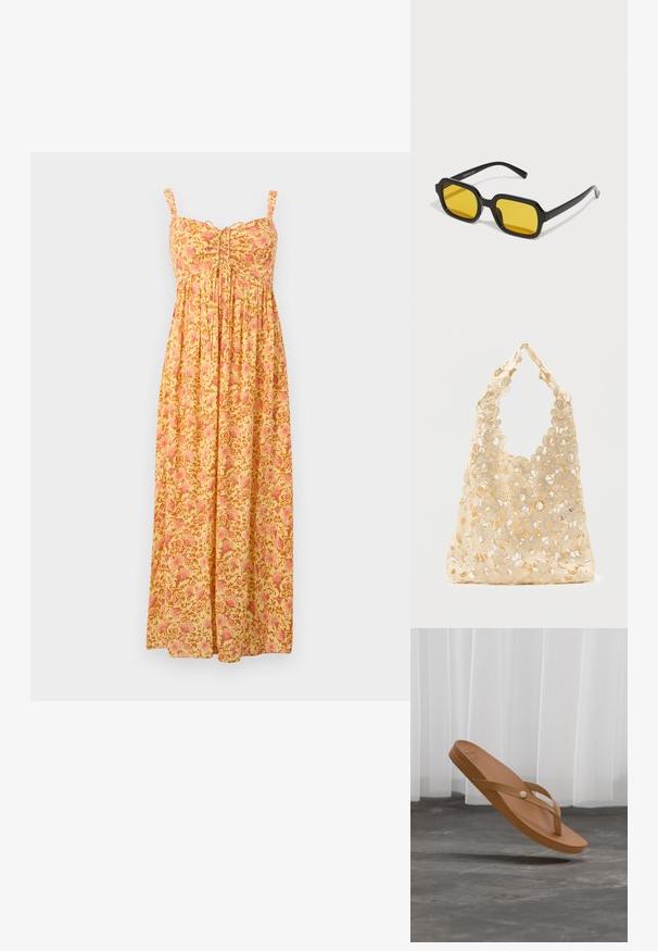 Robe longue jaune avec motif floral rose, bretelles sans manches, bustier froncé et jupe ample plissée.; Sandale tongs marron avec un détail bouton sur la bride, flottant au-dessus d'un sol en béton gris avec des rideaux blancs en arrière-plan.; Lunettes de soleil rectangulaires noires avec des verres jaunes. Les caractéristiques incluent des montures épaisses et un design anguleux avec une finition lisse et brillante.; Sac fourre-tout en crochet beige avec un motif floral ajouré, présentant de grandes et petites fleurs ainsi qu'une poignée simple en boucle.