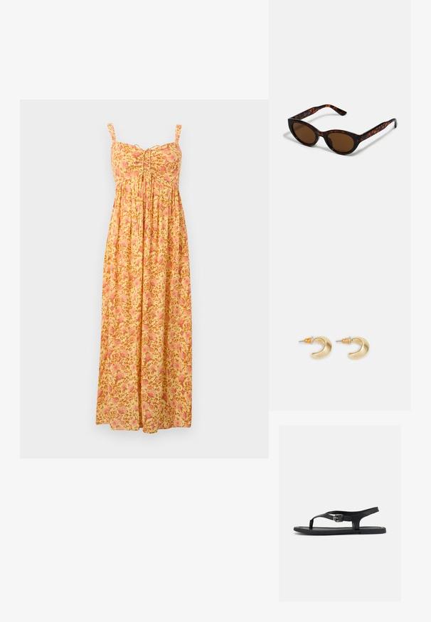Robe longue jaune avec motif floral rose, bretelles sans manches, bustier froncé et jupe ample plissée.; Sandale plate noire avec bride à la cheville, entre-doigt et boucle argentée sur semelle lisse, vue de côté sur fond blanc.; Lunettes de soleil en écaille de tortue marron avec une forme vintage de lunettes cat-eye et des verres marron. Présente des branches courbées avec des accents rouges.; Boucles d'oreilles en forme de croissant en or avec une finition lisse, présentant des accents orange près du clou et un matériel en argent.
