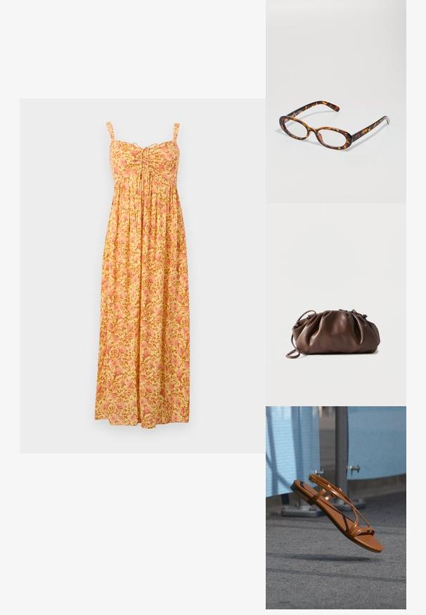 Robe longue jaune avec motif floral rose, bretelles sans manches, bustier froncé et jupe ample plissée.; Sandale en cuir marron avec fines lanières et boucle flottant au-dessus d'une surface asphaltée grise près d'une barrière ou clôture bleue.; Lunettes en écaille de tortue avec des verres ovales, dotées d'une finition brillante, de branches fines et de motifs subtils ressemblant aux rayures d'un tigre.; Sacoche en cuir marron doux avec un haut froncé et une fine bandoulière, posée sur un fond blanc.