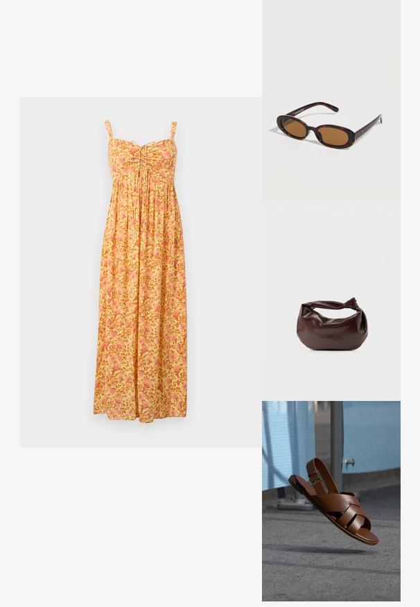 Robe longue jaune avec motif floral rose, bretelles sans manches, bustier froncé et jupe ample plissée.; Sandale en cuir marron avec des brides tissées et une boucle à la cheville, suspendue en l'air au-dessus d'un sol pavé près d'une barrière bleue.; Lunettes de soleil ovales en écaille avec des verres teintés marron et des branches fines reposant sur une surface blanche.; Sac bandoulière en cuir marron foncé avec une forme souple et décontractée et une anse nouée torsadée sur un fond blanc uni.