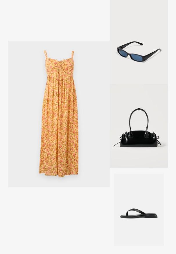 Robe longue jaune avec motif floral rose, bretelles sans manches, bustier froncé et jupe ample plissée.; Sandale noire plate en forme de tongs avec une bride texturée et un talon légèrement surélevé, montrée en profil latéral sur un fond clair uni.; Lunettes de soleil noires avec une monture rectangulaire élégante et des verres bleus. Présente une texture lisse et des branches robustes. Logo de la marque sur le côté.; Petit sac à main noir brillant avec deux longues anses et des détails à cordon sur les côtés sur un fond clair uni.