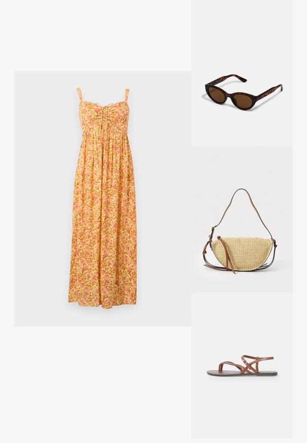 Robe longue jaune avec motif floral rose, bretelles sans manches, bustier froncé et jupe ample plissée.; Sandales plates en cuir marron avec des lanières croisées, un design à bout ouvert et une sangle à boucle autour de la cheville. Texture lisse et style minimaliste.; Lunettes de soleil en écaille de tortue marron avec une forme vintage de lunettes cat-eye et des verres marron. Présente des branches courbées avec des accents rouges.; Sac à main en paille tissée en forme de demi-lune, avec une bandoulière en cuir marron et des accents. Couleur naturelle texturée avec des bords lisses.