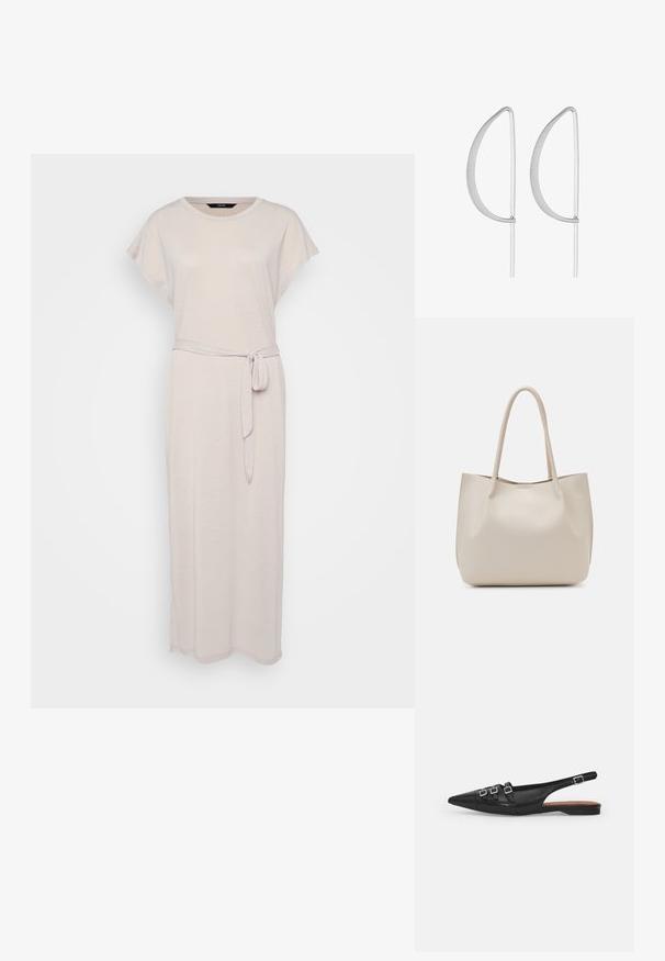 Heledbeez maxi kleit lühikeste varrukatega, ümmarguse kaelusega ja vöökohtadele seotud rihmaga. Valmistatud pehmest, tekstuuriga kangast.; Must must nahk slingback tasase jala king, terav nina, millel on kaks horisontaalset rihma ja ruudukujulised hõbedased sanga, madal konts ja sile tekstuur.; Bež nahkist kott kahe õlavarre rihmaga, sile tekstuur ja avatud ülaosa disain. Omab minimalistlikku stiili ilma nähtava riistvarata.; Hõbedased metallist kõrvarõngad minimalistikus kõverdisainis, millel on piklikud, avatud pisarakujulised vormid ja matistatud pind.