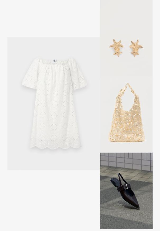 Hvid kjole med firkantet halsudskæring og korte puffærmer. Lavet af tekstureret stof med blomsterudskæringer og bølgede kanter.; Mørkebrune flade slingback-sko med spids tå, bred rem og stor sølvspænde på asfalt nær flisebelagt væg.; Beige hæklet shoppertaske med åbent blomsterdesign, der indeholder store og små blomster samt et enkelt løkkehåndtag.; Øreringe i guldfarve med to teksturerede søstjerneformer, en større og en mindre på hver ørering, mod en hvid baggrund.