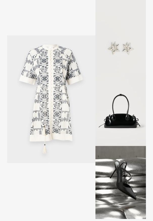 Robe à manches courtes, longueur genou, en tissu crème avec des motifs floraux et géométriques bleu marine, dotée d'une fermeture à boutons et de détails en franges.; Escarpin noir à bout pointu et talon stiletto avec brides croisées reposant sur une surface en cuir argenté capitonné et brillant.; Petit sac à main noir brillant avec deux longues anses et des détails à cordon sur les côtés sur un fond clair uni.; Boucles d’oreilles créoles en forme d’étoile argentée avec une finition lisse et polie sur un fond blanc uni.