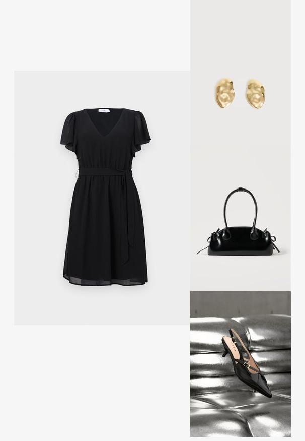 Schwarzes Kleid mit kurzen, schwingenden Ärmeln, V-Ausschnitt, tailliertem Bund und einem fließenden Rock. Hergestellt aus leichtem Stoff mit glatter Textur.; Schwarzer Lackleder-Slingback-Kittenheel mit goldener Schnalle, abgestützt auf glänzender silberner, gesteppter Lederpolsterung.; Kleine schwarze glänzende Handtasche mit zwei langen Griffen und seitlichen Kordelzug-Details vor einfachem hellem Hintergrund.; Paar glänzende, unregelmäßig geformte Ohrstecker aus Goldmetall mit zerknitterter, glatter Oberfläche auf schlichtem hellem Hintergrund.
