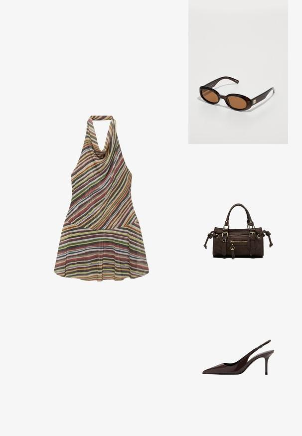 Robe sans manches à col licou avec des rayures diagonales et horizontales multicolores dans des tons de jaune, vert, rouge, marron et blanc sur un tissu transparent.; Talons slingbacks en cuir verni marron avec un bout pointu, un talon fin et une bride réglable. Texture lisse et finition brillante.; Lunettes de soleil écaille de tortue marron avec des verres ovales, dotées d'une fine monture et d'un petit accent métallique sur le côté. Fini texturé et poli.; Sac à main en cuir marron foncé avec double poignée, poche avant zippée, boucles décoratives et nœuds latéraux sur fond blanc.
